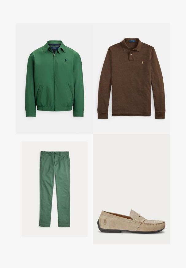 Chaqueta verde con cremallera hecha de tela lisa. Presenta un cuello puntiagudo, cintura elástica y bolsillos laterales. Pequeño logo en el pecho.; Polo de manga larga marrón hecho de tela suave, con una tapeta de tres botones y un logo bordado en dorado en el pecho izquierdo.; Pantalones verdes de corte recto para hombre con bolsillos delanteros, trabillas para cinturón y cierre de botón, mostrados extendidos sobre un fondo blanco.; Mocasines de ante beige con detalle cosido, suela de goma plana y un pequeño logotipo en el lateral. Diseño clásico de slip-on, textura suave.