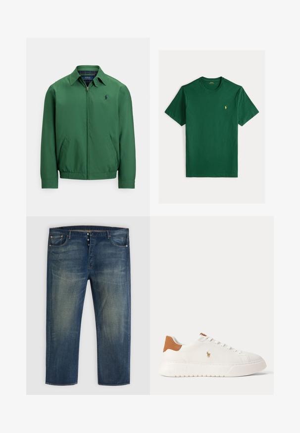 Grøn lynlåstrøje lavet af glat stof. Har en spids krave, elastisk linning og sidelommer. Lille logo på brystet.; Grøn bomulds T-shirt med rund hals, korte ærmer og et lille gult polo-logo på brystet. Glat tekstur og afslappet design.; Blå denimjeans med knaplukning, klassisk fem-lomme design og falmede detaljer på lår og knæ.; Hvid lavtop sneaker med tan hælfane, hvide snørebånd og lille broderet polo-spiller logo på siden over en tyk sål.