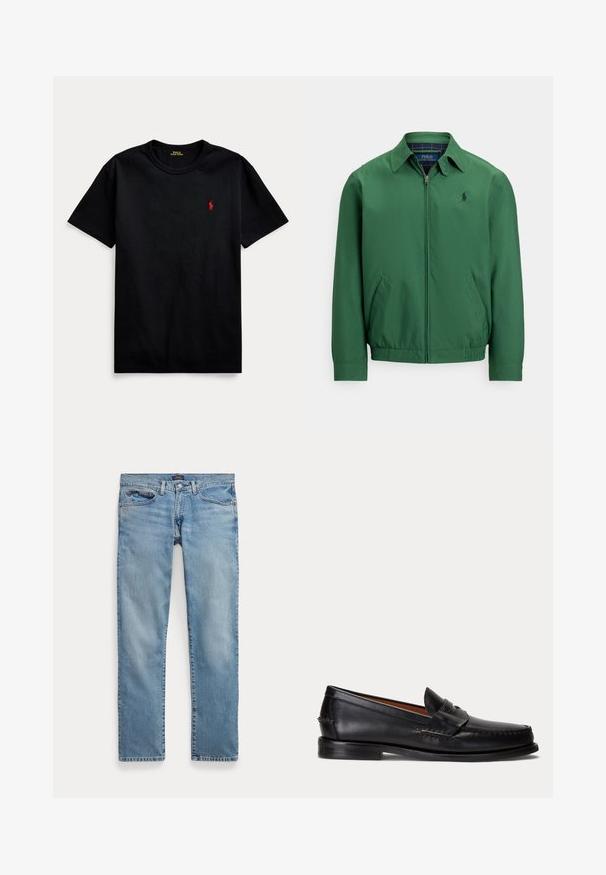 Grüne Jacke mit Reißverschluss aus glattem Stoff. Verfügt über einen spitzen Kragen, einen elastischen Bund und seitliche Taschen. Kleines Logo auf der Brust.; Schwarzes Baumwoll-T-Shirt mit kurzen Ärmeln, Rundhalsausschnitt und kleinem roten gestickten Logo auf der linken Brust. Glatte Textur, lässiges Design.; Hellblaue Jeans mit geradem Bein, Vordertaschen und Knopfverschluss, flach auf weißem Hintergrund ausgebreitet.; Schwarzer Lederloafer mit niedrigem Absatz und Pennyriemendetail, von der Seite auf hellgrauem Hintergrund gezeigt.