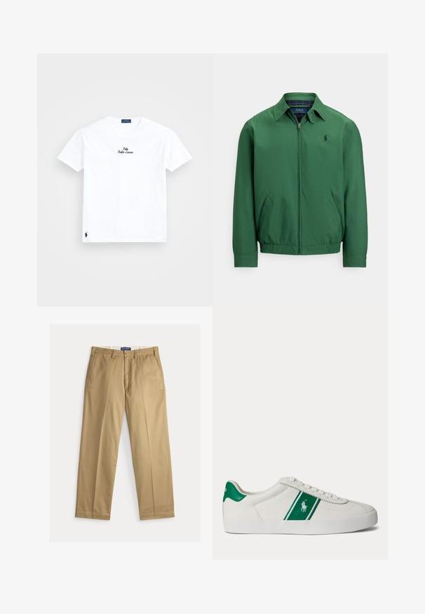 Zelená bunda na zips z hladkej látky. Má špicatý golier, elastický pás a bočné vrecká. Na hrudi malé logo.; Biely bavlnený tričko s kruhovým výstrihom, krátkymi rukávmi, čierne vyšívané logo "Polo Ralph Lauren" na hrudníku a malé čierne logo na leme.; Béžové chino nohavice z bavlnenej tkaniny. Strih s rovnými nohavicami, s hladkým predným dielom, dvomi bočnými vreckami a pásom so zapínaním na gombík.; Biele nízke tenisky s zeleným pruhom a logom Polo na boku, zelený jazyk na päte a biele šnúrky, zobrazené z ľavej strany na jednoduchom pozadí.