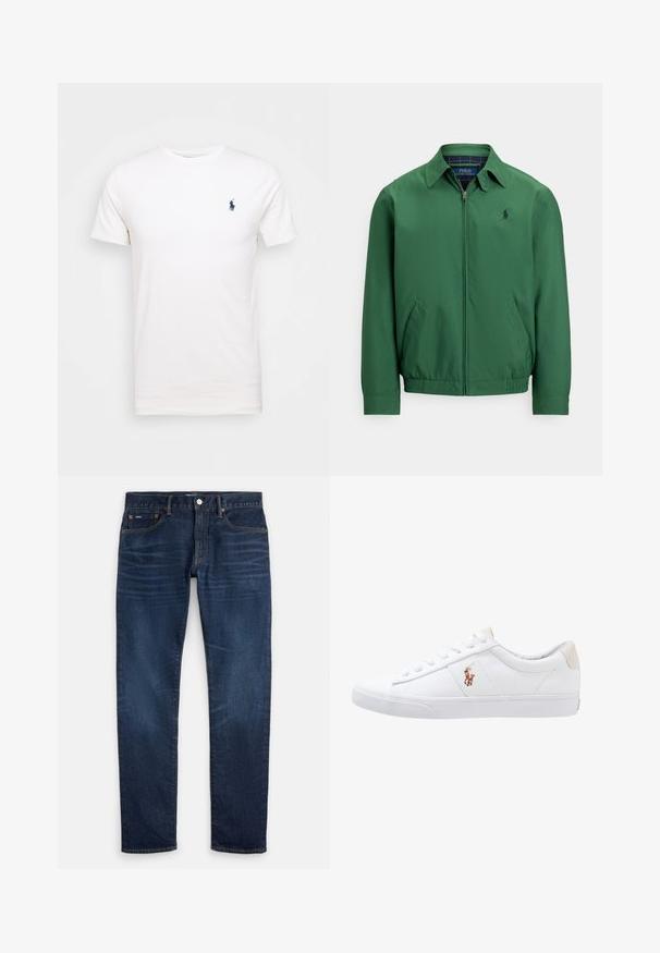 Chaqueta verde con cremallera hecha de tela lisa. Presenta un cuello puntiagudo, cintura elástica y bolsillos laterales. Pequeño logo en el pecho.; Camiseta de algodón blanca con cuello redondo. Presenta un pequeño logo azul oscuro en el lado izquierdo del pecho. Mangas cortas, textura suave.; Vaqueros ajustados de color azul oscuro con sutil desgaste en los muslos, diseño de cinco bolsillos y cierre de botón en la cintura.; Zapatilla de lona blanca con diseño de corte bajo, que cuenta con un taco trasero beige y un pequeño logo bordado en el costado. Suela de goma.