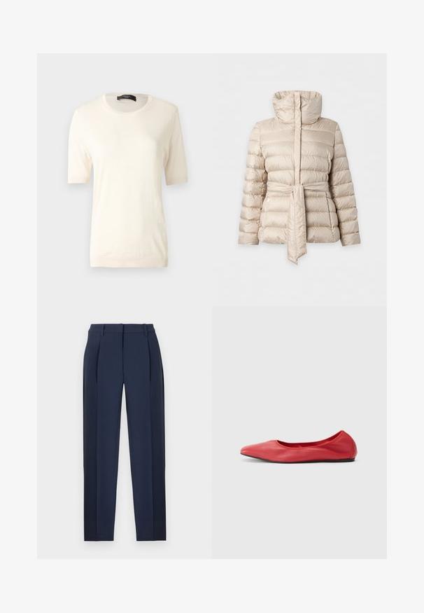 Veste matelassée beige avec col montant et ceinture assortie nouée à la taille, manches longues et poches latérales zippées.; Haut en tricot crème à manches courtes avec un col rond, des poignets et un ourlet côtelés, présenté sur un fond gris uni.; Pantalons sur mesure bleu marine avec plis sur le devant, passants pour ceinture et jambes droites, présentés sur un fond blanc.; Filippa K REY FLATS - Ballerines - bright red