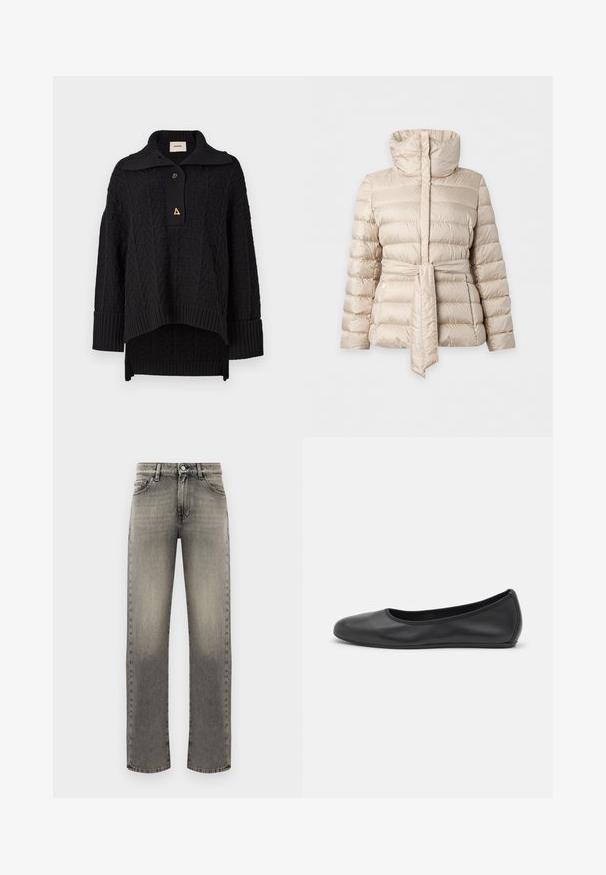 Veste matelassée beige avec col montant et ceinture assortie nouée à la taille, manches longues et poches latérales zippées.; Pull noir en tricot avec un motif texturé, col montant et fermeture à bouton. Manches et ourlet côtelés, avec un accent triangulaire doré.; Jean en denim gris à coupe droite, avec un motif délavé, cinq poches et surpiqûres le long des coutures et de la taille.; Ballerines en cuir noir avec un bout rond, texture lisse, détails de couture minimalistes et design de semelle flexible.