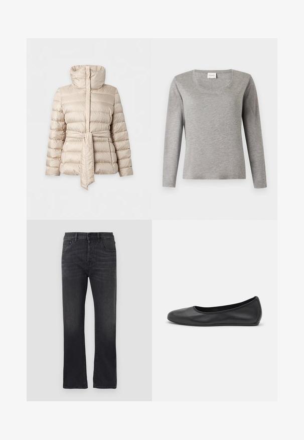 Beige gesteppte Steppjacke mit hohem Kragen und passendem Gürtel, der in der Taille gebunden ist, langen Ärmeln und seitlichen Reißverschlusstaschen.; Hellgraues Langarmshirt mit Rundhalsausschnitt und einem kleinen weißen Etikett mit der Aufschrift „CLOSED“ am Kragen.; Schwarze Jeans aus Denim mit geradem Bein, klassischem Fünf-Taschen-Design, Knopfverschluss und dezentem Ausbleichen des Stoffes.; Schwarze Leder-Ballettschuhe mit abgerundeter Spitze, glatter Textur, minimalen Nähdetails und einem flexiblen Sohlen-Design.
