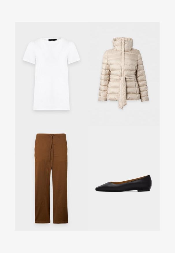 Veste matelassée beige avec col montant et ceinture assortie nouée à la taille, manches longues et poches latérales zippées.; T-shirt blanc uni à manches courtes, col rond, coupe droite avec une petite étiquette noire à l'intérieur du col.; Pantalon marron à jambes larges en coton doux, avec un nœud à l'avant, deux grandes poches plaquées, et une finition lisse sans texture.; Chaussure plate en cuir noir à bout pointu avec talon bas et finition lisse, vue de côté sur un fond gris clair.