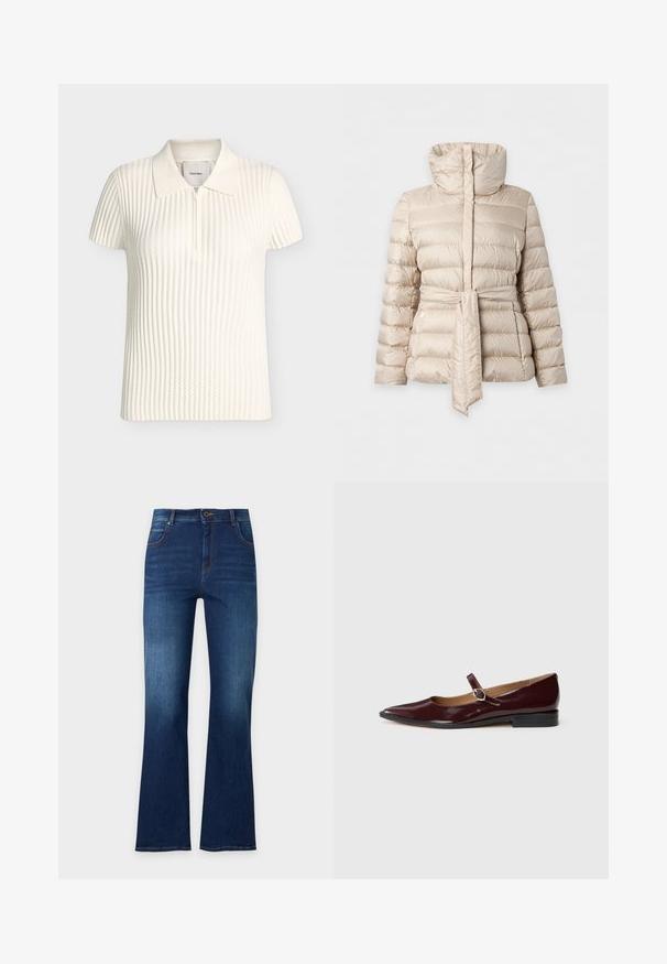 Veste matelassée beige avec col montant et ceinture assortie nouée à la taille, manches longues et poches latérales zippées.; Polo blanc à manches courtes en maille côtelée avec une fermeture éclair à l'avant et un col doux, présenté sur un fond neutre.; Jean en denim bleu foncé avec une taille haute, cinq poches, fermeture à boutons et jambes légèrement évasées.; Ballerines en cuir verni bordeaux de type Mary Jane avec un bout pointu, un talon plat et une sangle décorative avec une boucle circulaire.