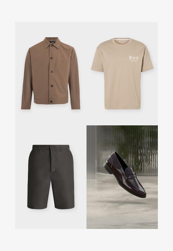 Veste marron à boutons avec col pointu, manches longues et quatre boutons foncés sur le devant, sur fond blanc.; T-shirt beige à manches courtes avec col rond, présentant de petits motifs d'insectes et le logo "Marc O'Polo" sur la poitrine gauche.; Shorts gris foncé coupés sur mesure, longueur genou, avec passants de ceinture et fermeture avant par boutons sur un fond clair uni.; Mocassins en cuir marron à finition brillante, avec une couture surélevée et un petit détail découpé à l'avant, ainsi qu'une semelle basse noire.