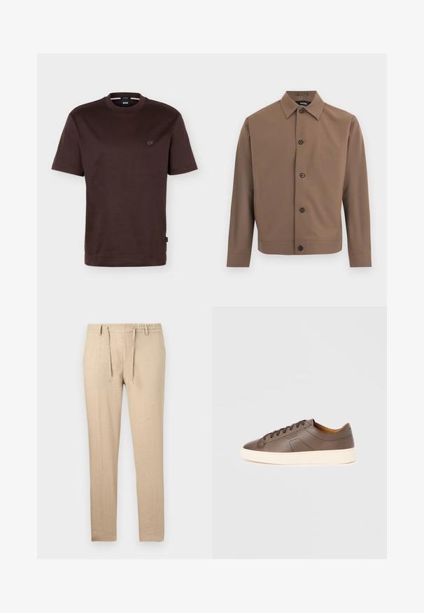 Veste marron à boutons avec col pointu, manches longues et quatre boutons foncés sur le devant, sur fond blanc.; T-shirt à manches courtes, col rond, uni de couleur marron foncé, avec un petit logo rond sur la poitrine gauche et une étiquette de marque noire sur la couture latérale.; Pantalon beige clair coupe ajustée avec taille à cordon et passants pour ceinture, doté de poches latérales et jambes droites.; Baskets en cuir marron à texture lisse, semelle extérieure crème contrastante, bout arrondi et lacets marron foncé ; présente un logo discrètement embossé.