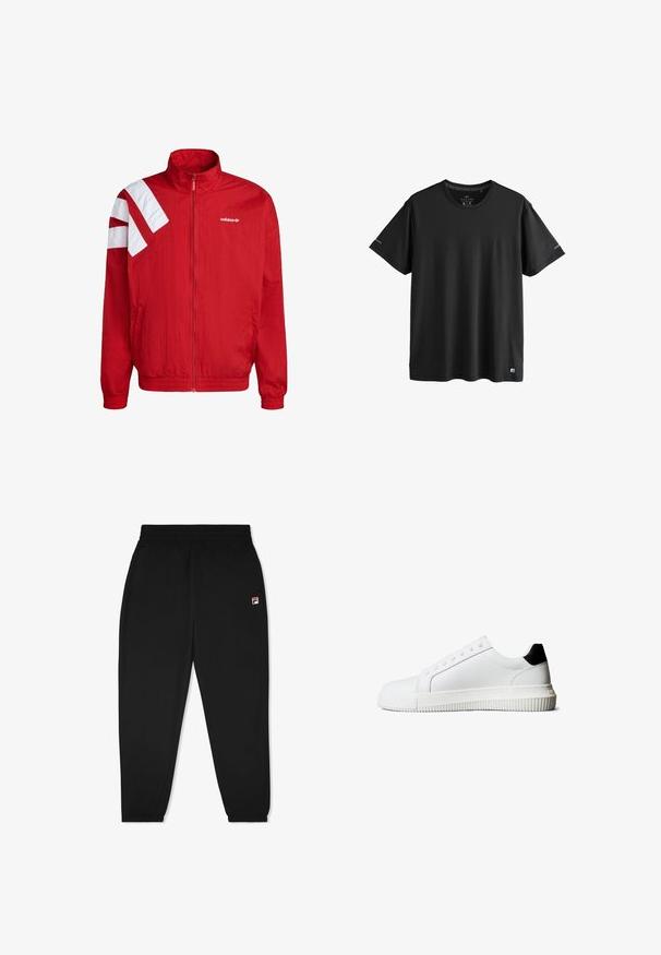 Chaqueta roja con cremallera hecha de tela texturizada. Presenta rayas diagonales blancas en el hombro y un logo bordado en el pecho.; Camiseta deportiva negra de manga corta con cuello redondo, con logos sutiles en las mangas y el dobladillo inferior, talla mediana.; Pantalones deportivos negros con cintura elástica, piernas ajustadas y un pequeño parche de logotipo en rojo, blanco y azul en el lado izquierdo.; Zapatillas de cuero blanco con un detalle en el talón negro, que cuentan con cordones planos, punta redondeada y una suela de goma acanalada para mejor agarre.