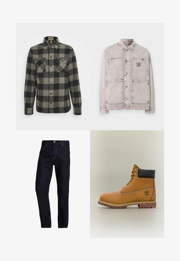 Lysegrå denim arbejdsjakke med knaplukning foran, to store nederste lommer, to brystlommer og en lille firkantet logo lappe på venstre bryst.; Sort og gråternet flannel skjorte med lange ærmer, knaplukning foran, to brystlommer og en let bøjet kant. Struktureret stof.; Mørkeblå denim jeans med lige pasform, med gul syning, fem lommer og en klassisk knap- og lynlås lukning.; Brun læderankelstøvle med sort krave, gule snørebånd og tanfarvet sål. Har logo og hvide syninger som detalje. Robust ydersål med greb.