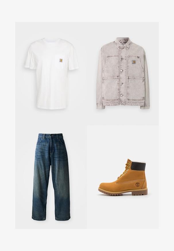 Hellgraue Jeans-Arbeitsjacke mit Knopfleiste, zwei großen unteren Taschen, zwei Brusttaschen und einem kleinen quadratischen Logo-Patch auf der linken Brust.; Weißes Baumwoll-T-Shirt mit kurzen Ärmeln, einer Brusttasche und einem kleinen quadratischen Logopatch in Orange und Weiß auf der Tasche.; Weite blaue Denim-Jeans mit einem verwaschenen Finish. Verfügt über fünf Taschen, einen Knopfverschluss und kontrastierende Nähte. Schwergewichtiges Material.; Braune Leder-Ankle-Boots mit Metallösen, weißem Kunstfellfutter, schwarzem gepolstertem Kragen, robustem Sohlenprofil und geprägtem Logo an der Seite.