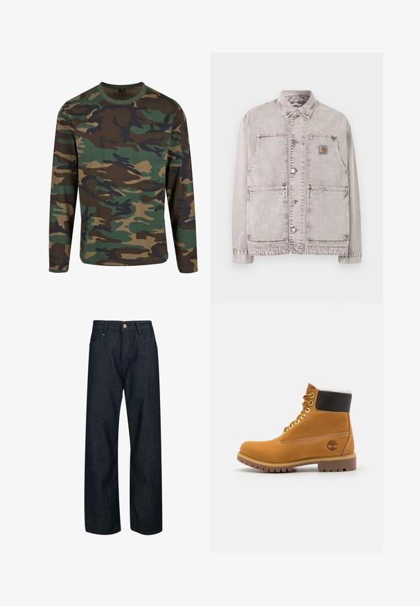 Lichtgrijs denim werkkledingjack met knoopsluiting aan de voorkant, twee grote onderste zakken, twee borstzakken en een klein vierkant logo patch op de linkerborst.; Langarm camouflage t-shirt in aardetinten; met groene, bruine en zwarte patronen; ronde hals; zachte stof; ontspannen pasvorm.; Donkerblauwe spijkerbroek met een rechte pasvorm, voorzien van een knoopsluiting, vijf zakken en contrasterende stiksels op de naden.; Bruine leren enkellaars met metalen oogjes, witte faux bont voering, zwarte gewatteerde kraag, robuuste zool en een reliëflogo aan de zijkant.