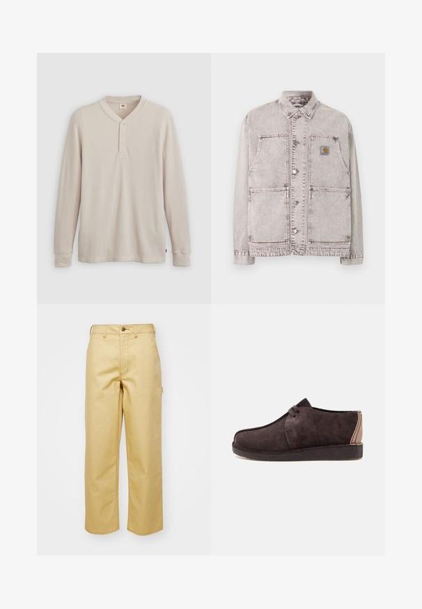 Lichtgrijs denim werkkledingjack met knoopsluiting aan de voorkant, twee grote onderste zakken, twee borstzakken en een klein vierkant logo patch op de linkerborst.; Lange mouwen henley-shirt in lichtbeige ribbelstof, met een V-hals, een drieknoopsluiting en manchetten. Rode logo-label aan de onderkant.; Beige, wijde broek van katoen met een sluiting aan de voorkant, riemlussen en zijzakken. Soepele textuur met zichtbare stikdetails.; Donkerbruine suède casual veterschoen met een platte zool en beige leren detail op de hiel, zijaanzicht.