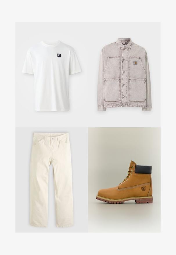 Lichtgrijs denim werkkledingjack met knoopsluiting aan de voorkant, twee grote onderste zakken, twee borstzakken en een klein vierkant logo patch op de linkerborst.; Witte katoenen t-shirt met korte mouwen en een ronde hals; heeft een klein zwart rechthoekig Nike Air logo op de linkerkant van de borst.; Lichtbeige katoenen broek met een ontspannen pasvorm, rechte pijpen en voorzakken. Voorzien van een knoopsluiting en een eenvoudig, strak ontwerp.; Bruine leren enkellaars met zwarte kraag, gele veters en een zandkleurige zool. Voorzien van een logo en witte stikseldetails. Robuuste loopzool met grip.