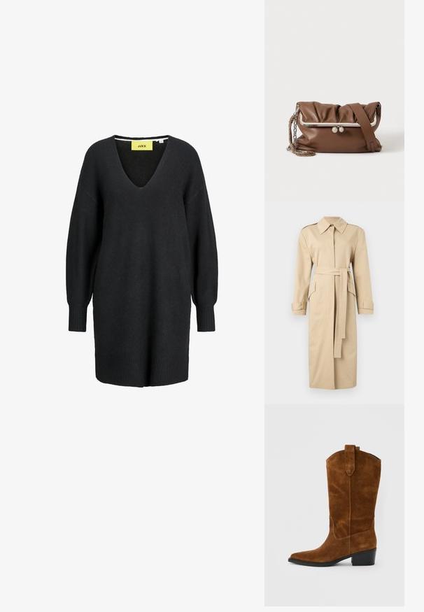 Beige lang trenchcoat med bred krave, lange ærmer, bælte foran og klaplommer på ensfarvet baggrund.; Sort langærmet strikket kjole med V-hals og ribbede manchetter og kant, med et gult JJXX-mærke indvendigt i halsudskæringen.; Brun ruskinds westernstøvle med midt på læggen, spids tå, trækflapper og stablet sort hæl på en lysegrå baggrund.; Brun blød læder skuldertaske med sølv metalramme og lukning, en justerbar rem og et flettet kædehåndtag på hvid baggrund.