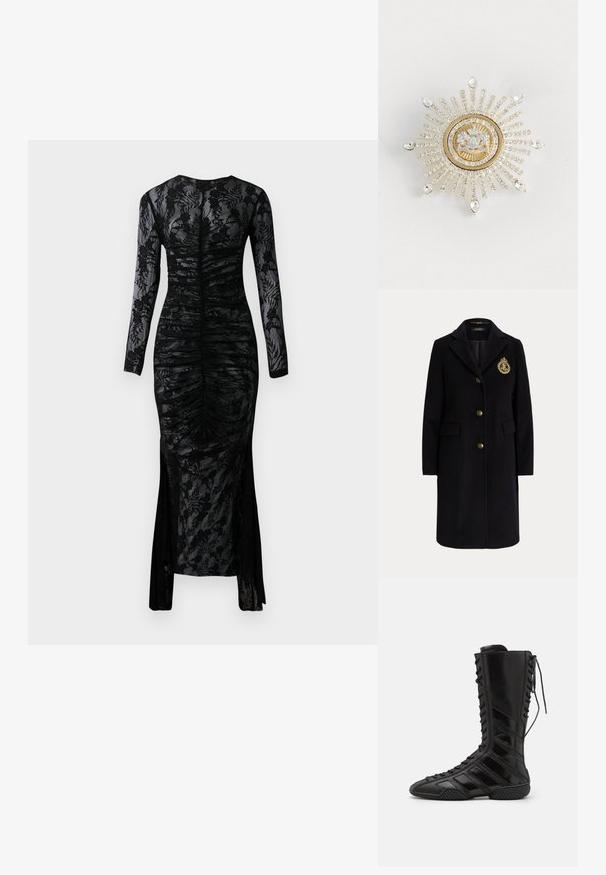 Schwarzer langer Wollmantel mit goldenen Knöpfen und einem gold bestickten Wappen auf der linken Brustseite, mit einem Reverskragen und Pattentaschen.; Langärmliges schwarzes Kleid mit figurnaher Silhouette, gerafftem Stoff und blumiger Spitzenüberlagerung. Verfügt über einen Schlitz am unteren Rand für zusätzlichen Detail.; Schwarze High-Top-Stiefel aus glänzendem synthetischem Material, mit einem aufwändigen Schnürdesign und diagonalen Streifenakzenten an den Seiten.; Gold- und Silberbrosche in Form einer Sonnenblende, mit einem zentralen klaren Edelstein und strahlenden Reihen kleiner klarer Kristalle, ergänzt durch tropfenförmige Akzente.