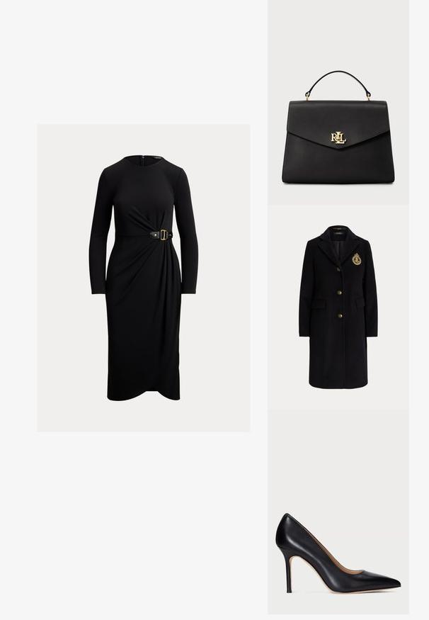 Schwarzer langer Wollmantel mit goldenen Knöpfen und einem gold bestickten Wappen auf der linken Brustseite, mit einem Reverskragen und Pattentaschen.; Schwarzes Kleid mit langen Ärmeln, rundem Ausschnitt, gedrehtem Stoffdetail an der Taille und einem schwarz-goldenen Gürtel.; Schwarze Leder-Pumps mit hohem Absatz, spitzem Schuhkopf und schlankem Stiletto-Absatz. Die glatte Textur und die minimalen Details verleihen ein klassisches Design.; Schwarze Lederhandtasche mit strukturierter Form, goldfarbenem Logo vorne und einem Oberhandgriff. Glatte Textur und Klappenverschluss-Design.
