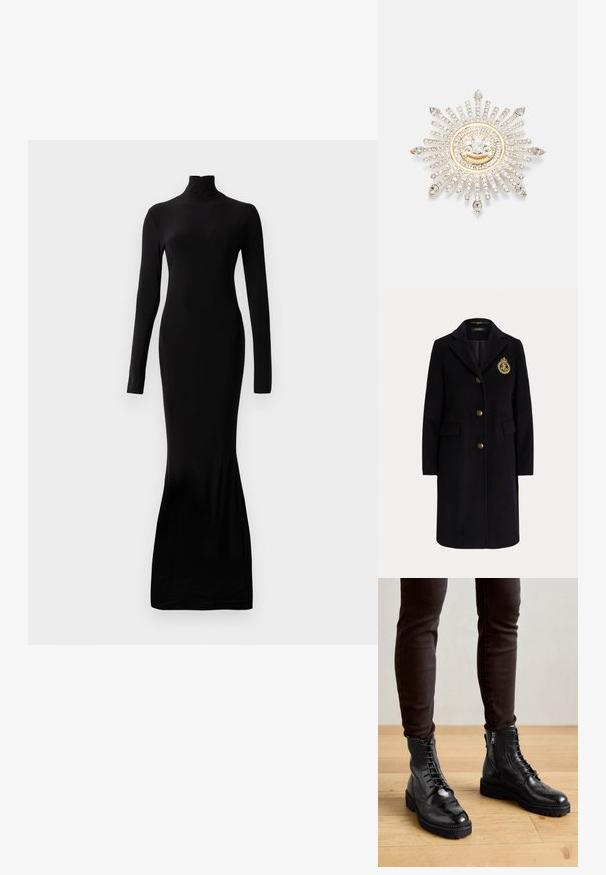 Abrigo largo negro de lana con botones dorados y un escudo bordado en dorado en el pecho izquierdo, con cuello con muesca y bolsillos con solapa.; Vestido negro de manga larga con cuello alto. Fabricado con una tela suave. Diseño ajustado que se extiende hasta un dobladillo acampanado en la parte inferior.; Botas negras de cuero hasta el tobillo con detalles de brogue, cordones en la parte delantera, cremalleras laterales y suelas de goma texturizadas. Combinadas con pantalones oscuros de corte slim.; Broche de plata con un diseño de estallido solar, que presenta piedras de strass transparentes y un centro circular acentuado en oro con un emblema.