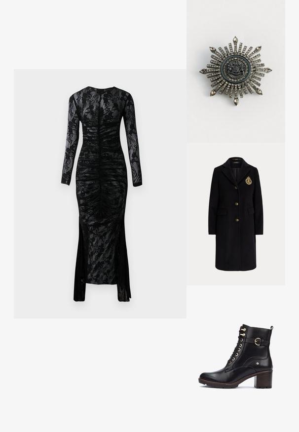 Manteau long en laine noire avec des boutons dorés et un blason brodé en or sur la poitrine gauche, avec un col cranté et des poches avec rabats.; Robe noire à manches longues avec une silhouette ajustée, tissu froncé et superposition de dentelle floral. Comprend une fente en bas pour un détail supplémentaire.; Bottines en cuir noir avec des accessoires dorés, bout rond, design à lacets et un talon épais avec finition bois. Présente une accentuation par une sangle sur le côté.; Broche en forme d'étoile en métal argenté avec des strass clairs. Le design central présente un emblème circulaire avec des détails délicats.
