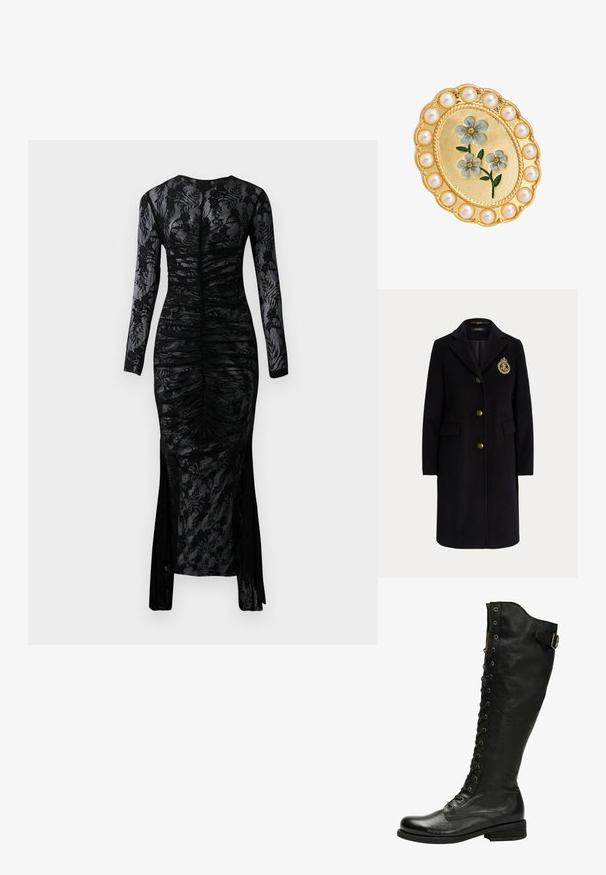 Sort lang uldfrakke med guldknapper og et guldbroderet våbenskjold på venstre bryst, med en hakket krave og klaplommer.; Langærmet sort kjole med en tætsiddende silhuet, draperet stof og blomstret lace-overlay. Har en slids i bunden for ekstra detalje.; Sorte læder knæhøje støvler med snørebånd foran, sølvøjer og sidebælte. Har en tekstureret overflade og stablet hæl.; Guld ovalt broche med blå emalje blomster i midten, omgivet af en kant af runde hvide perler.