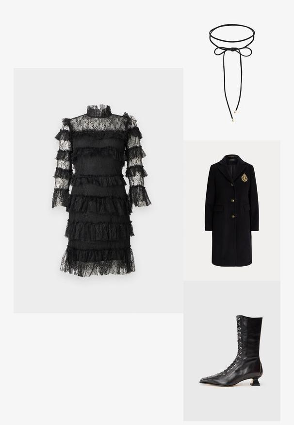 Abrigo largo negro de lana con botones dorados y un escudo bordado en dorado en el pecho izquierdo, con cuello con muesca y bolsillos con solapa.; Vestido negro de encaje hasta la rodilla con cuello alto, mangas largas transparentes y volantes en capas en el cuerpo y los brazos.; Botín de cuero negro hasta el tobillo con punta afilada, cordones en la parte delantera, ojetes metálicos, tacón bajo y un diseño elegante. Textura suave, silueta moderna.; Collar choker negro hecho de un cordón delgado, con un detalle de lazo y puntas de metal dorado en los extremos. Diseño simple y ajustable.