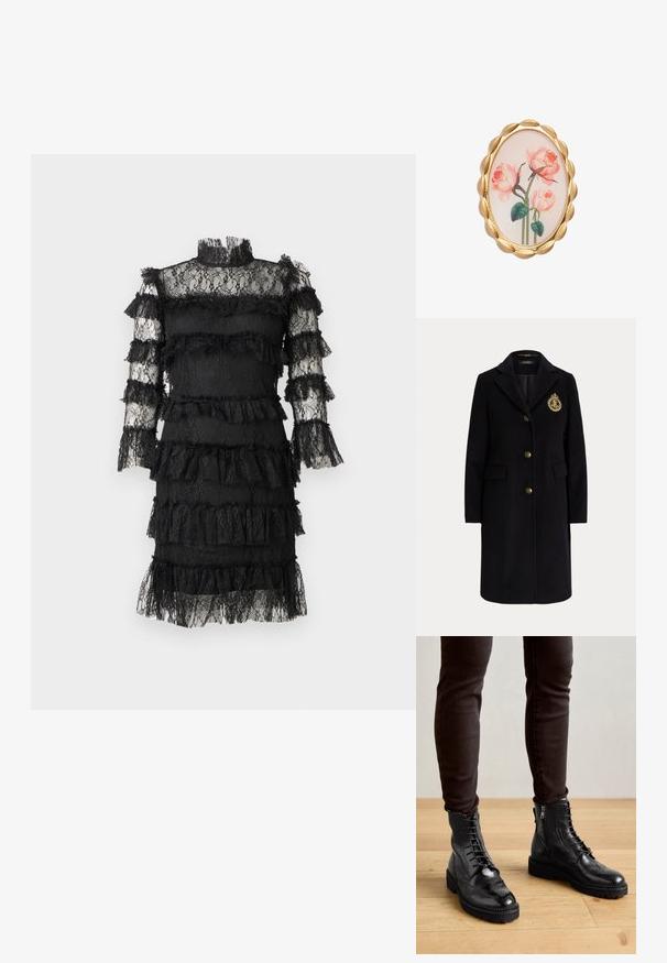 Abrigo largo negro de lana con botones dorados y un escudo bordado en dorado en el pecho izquierdo, con cuello con muesca y bolsillos con solapa.; Vestido negro de encaje hasta la rodilla con cuello alto, mangas largas transparentes y volantes en capas en el cuerpo y los brazos.; Botas negras de cuero hasta el tobillo con detalles de brogue, cordones en la parte delantera, cremalleras laterales y suelas de goma texturizadas. Combinadas con pantalones oscuros de corte slim.; Broche ovalada con un borde acanalado en tonalidad dorada, que presenta un diseño floral de rosas rosas sobre un fondo claro. Textura suave y gráficos detallados.