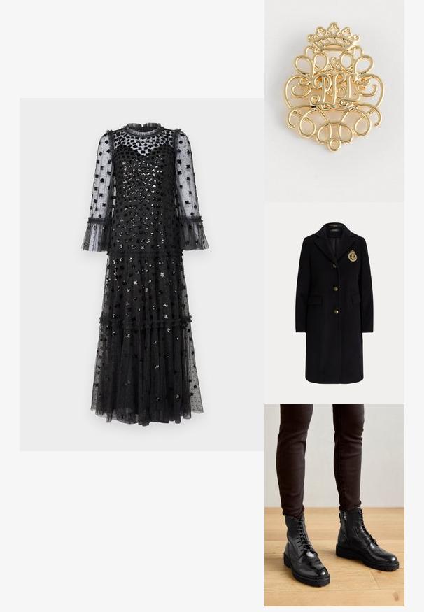 Manteau long en laine noire avec des boutons dorés et un blason brodé en or sur la poitrine gauche, avec un col cranté et des poches avec rabats.; Needle & Thread GLISTEN TIERED GOWN - Robe de cocktail - graphite; Bottines en cuir noir avec des détails de brogue, un laçage à l'avant, des fermetures éclair sur les côtés et des semelles en caoutchouc texturé. Associées à un pantalon slim noir.; Broche en métal doré avec des motifs enroulés complexes et un motif de couronne en haut, avec les initiales "PL" affichées au centre.