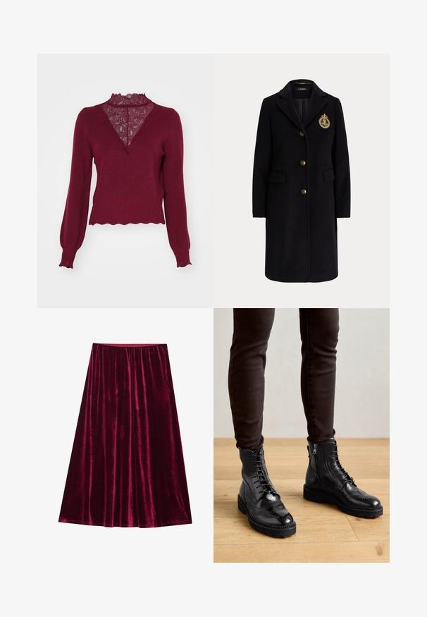 Sort lang uldfrakke med guldknapper og et guldbroderet våbenskjold på venstre bryst, med en hakket krave og klaplommer.; Bordeaux sweater med en blonderpanel og bølget kant. Lange ærmer med ribbede manchetter. Har en V-hals design og struktureret strik.; Velvet nederdel i dyb bordeaux, med en glat tekstur, fuld længde design og en elastisk talje for komfort. Ingen synlige lukninger.; Sorte læder ankelstøvler med brogue-detaljer, snørebånd foran, sideskafter og teksturerede gummisåler. Matchet med mørke slim-fit bukser.