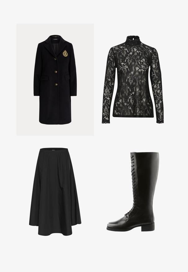 Zwarte lange wollen jas met gouden knopen en een goud geborduurd wapen op de linkerborst, met een reverskraag en klepzakken.; Zwarte kant turtleneck top met lange mouwen, voorzien van een intricaat bloemenpatroon en een gegolfde halslijn. Doorzichtig, textured stof.; Zwarte knielange rok met een elastische tailleband, voorzien van plooien voor volume en een soepele textuur. Eenvoudig, klassiek ontwerp zonder versieringen.; Zwarte leren laarzen tot de knie met een vetersluiting aan de voorkant, ronde neus en blokhak, met een gladde textuur en geen zichtbare patronen.