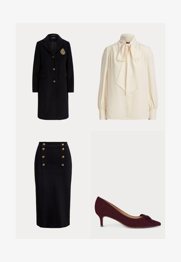 Zwarte lange wollen jas met gouden knopen en een goud geborduurd wapen op de linkerborst, met een reverskraag en klepzakken.; Crèmekleurige blouse met lange mouwen, een hoge kraag en een grote gestrikte strik bij de hals, met geplooide schouders en omslagmouwen.; Zwarte kokerrok met hoge taille en verticale gouden knopen gerangschikt in twee rijen vlak bij de voorkant van de tailleband.; Bordeaux kleurige suède pump met een spitse neus, kleine hak en een geknoopte strikaccent op de wreef; gladde textuur en slank ontwerp.