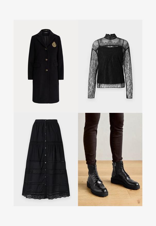 Sort lang uldfrakke med guldknapper og et guldbroderet våbenskjold på venstre bryst, med en hakket krave og klaplommer.; Sort langærmet bluse i blonde med høj krave, detaljeret blomsterdesign, gennemsigtig stof og solidt panel over brystområdet.; Sort bomuldsmaxinederdel med lagdelt design, der har lodrette blonderudskæringer og knaplukning foran samt detaljeret tekstureret kant.; Sorte læder ankelstøvler med brogue-detaljer, snørebånd foran, sideskafter og teksturerede gummisåler. Matchet med mørke slim-fit bukser.