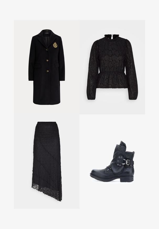 Zwarte lange wollen jas met gouden knopen en een goud geborduurd wapen op de linkerborst, met een reverskraag en klepzakken.; Pieces PCJANESSA - Longsleeve - black; ONLY ONLKIM SLIT - Maxirok - black; Zwarte leren enkelboot met een omgeslagen manchet, vetersluiting aan de voorkant en een zijriem met een metalen gesp en oogjes. Textuurafwerking.