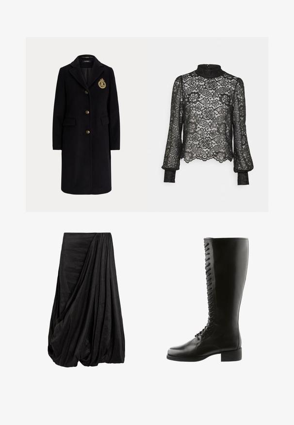 Sort lang uldfrakke med guldknapper og et guldbroderet våbenskjold på venstre bryst, med en hakket krave og klaplommer.; Pieces Petite PCMARIKA - Bluse - black; Sort draperet nederdel lavet af et glat stof, der har indviklede folder og en flydende silhuet med en samlet taljedetalje.; Sorte læder støvler til knæhøjde med snørebånd foran, rund tå og blokhæl, med en glat overflade og ingen synlige mønstre.