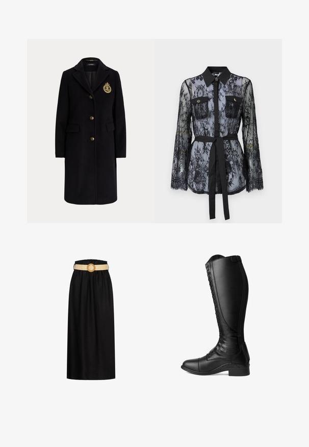Abrigo largo negro de lana con botones dorados y un escudo bordado en dorado en el pecho izquierdo, con cuello con muesca y bolsillos con solapa.; Blusa de encaje negro con mangas largas, bolsillos en el pecho con botón, cuello clásico y un cinturón de tela atado a la cintura. Diseño transparente.; Falda midi negra hecha de una tela suave, con una cinturilla elástica y un cinturón tejido beige con una hebilla circular.; Botas de montar de cuero negro con un caña alta, cordones en la parte delantera, puntera redondeada y tacón bajo. Textura suave y diseño elegante.