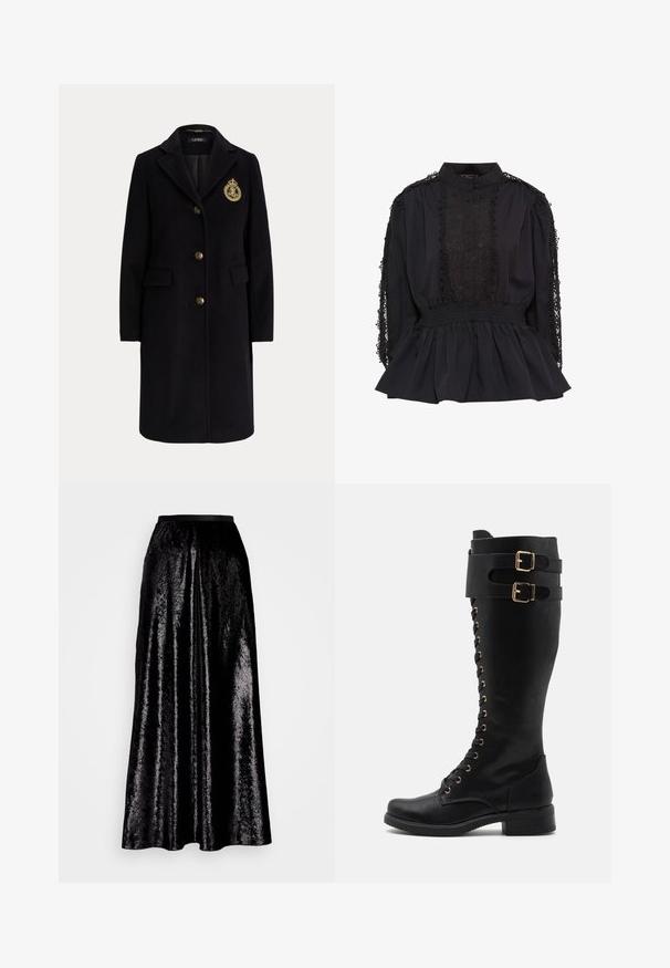Schwarzer langer Wollmantel mit goldenen Knöpfen und einem gold bestickten Wappen auf der linken Brustseite, mit einem Reverskragen und Pattentaschen.; Schwarze Bluse mit hohem Kragen, Knopfverschluss vorne, Spitzenverzierungen an den Ärmeln, schmaler Taille und einem ausgestellten Saum. Weicher Stoff mit strukturierten Akzenten.; Schwarzer Midirock aus glänzendem, strukturiertem Stoff. Er verfügt über einen elastischen Bund und ein fließendes Design, mit einem subtilen Glanz über die gesamte Fläche.; Oberschenkelhohe schwarze Lederstiefel mit goldenen Hardwareakzenten, ausgestattet mit einer Schnürung, zwei Schnallenriemen und einem Blockabsatz.