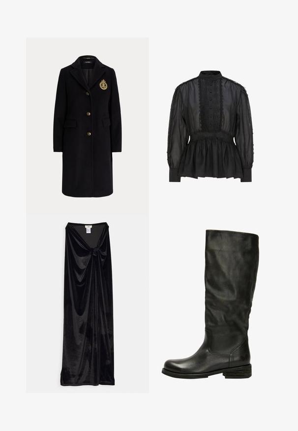 Manteau long en laine noire avec des boutons dorés et un blason brodé en or sur la poitrine gauche, avec un col cranté et des poches avec rabats.; Blouse noire transparente à manches longues avec panneau en dentelle florale, fermeture par boutons, taille froncée et col montant.; GmbH LONG SKIRT WITH A KNOT - Jupe longue - black; Felmini Bottes - black