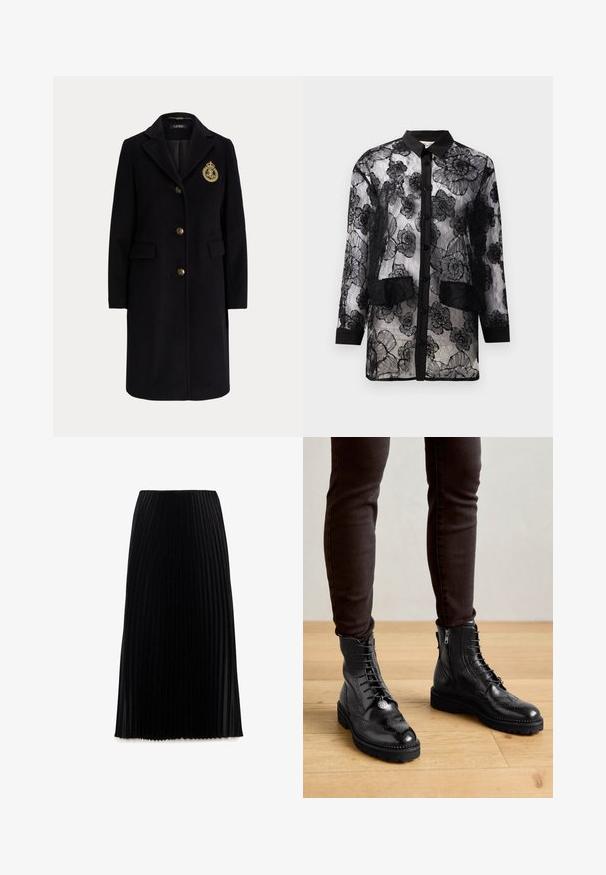 Sort lang uldfrakke med guldknapper og et guldbroderet våbenskjold på venstre bryst, med en hakket krave og klaplommer.; Sort bluse af blonder med blomsterbroderi, featuring knaplukning foran, lange ærmer og to påsatte lommer ved taljen.; Sort plisseret nederdel med en tætsiddende talje og lang design, der går til gulvet. Fremstillet af letvægtsstof med en glat tekstur.; Sorte læder ankelstøvler med brogue-detaljer, snørebånd foran, sideskafter og teksturerede gummisåler. Matchet med mørke slim-fit bukser.