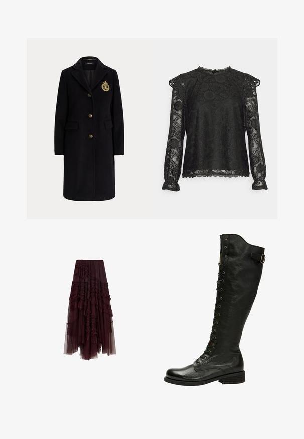 Zwarte lange wollen jas met gouden knopen en een goud geborduurd wapen op de linkerborst, met een reverskraag en klepzakken.; Pieces Petite PCOLLINE - Longsleeve - black; Bordeaux tulle rok met gerimpelde lagen, elastische tailleband en variërende lengtes, met een zachte, lichte textuur.; Zwarte leren kniehoog laars met vetersluiting aan de voorkant, zilveren oogjes en een bucklet aan de zijkant. Heeft een gestructureerde afwerking en een gestapelde hak.