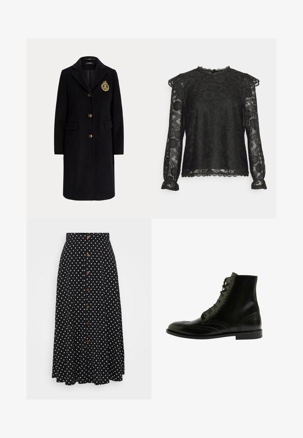 Abrigo largo negro de lana con botones dorados y un escudo bordado en dorado en el pecho izquierdo, con cuello con muesca y bolsillos con solapa.; Pieces Petite PCOLLINE - Camiseta de manga larga - black; Falda negra con lunares, de cintura alta, cierre frontal con botones, hasta la rodilla, hecha de un tejido con una textura suave y un drapeado sutil.; Botín negro de cuero hasta el tobillo con detalles de picado, punta redonda, cordones en la parte delantera y una textura suave, con un tacón bajo y apilado.
