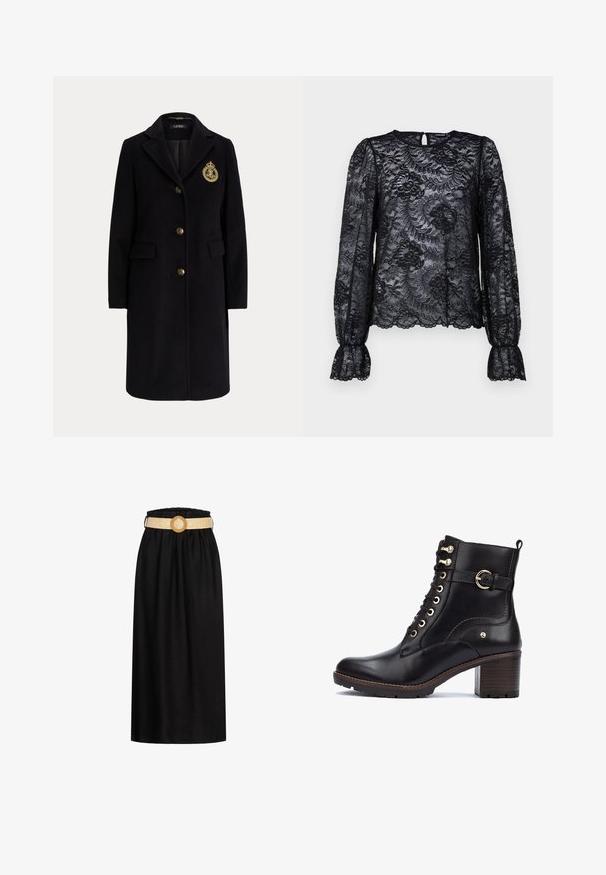 Manteau long en laine noire avec des boutons dorés et un blason brodé en or sur la poitrine gauche, avec un col cranté et des poches avec rabats.; Blouse en dentelle noire avec des manches longues bouffantes et un col rond. Présente des motifs floraux et un détail en trou de serrure à l'arrière. Finition en dentelle texturée.; Jupe midi noire en tissu doux, avec une taille élastiquée et une ceinture tissée beige avec une boucle circulaire.; Bottines en cuir noir avec des accessoires dorés, bout rond, design à lacets et un talon épais avec finition bois. Présente une accentuation par une sangle sur le côté.