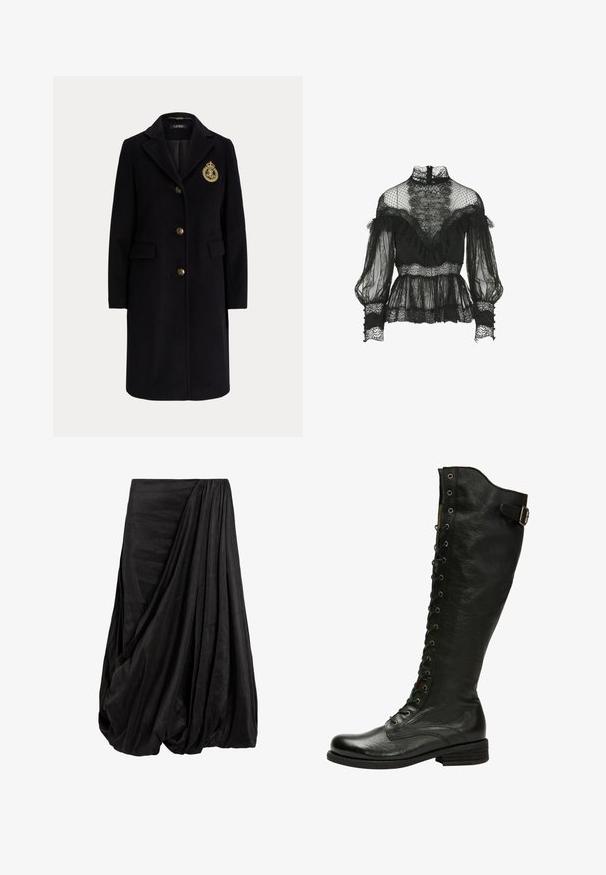 Schwarzer langer Wollmantel mit goldenen Knöpfen und einem gold bestickten Wappen auf der linken Brustseite, mit einem Reverskragen und Pattentaschen.; Luisa Spagnoli Lauco- Blouse - Fashion Show - Bluse - nero; Schwarzer, drapierter Rock aus einem glatten Stoff, der mit komplexen Falten und einer fließenden Silhouette überzeugt. Der Rock hat eine geraffte Taille.; Schwarze Leder-Knöchelstiefel mit Schnürung vorne, silbernen Ösen und seitlichem Schnallenverschluss. Verfügt über eine strukturierte Oberfläche und einen gestapelten Absatz.