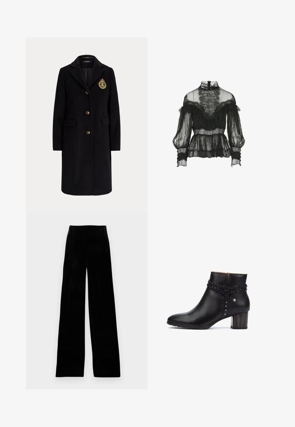 Sort lang uldfrakke med guldknapper og et guldbroderet våbenskjold på venstre bryst, med en hakket krave og klaplommer.; Luisa Spagnoli Lauco- Blouse - Fashion Show - Bluse - nero; Sorte fløjl brede bukser med høj talje, plisseret front og glat tekstur, designet til en afslappet pasform.; Pikolinos CALAFAT - Ankelstøvler - black