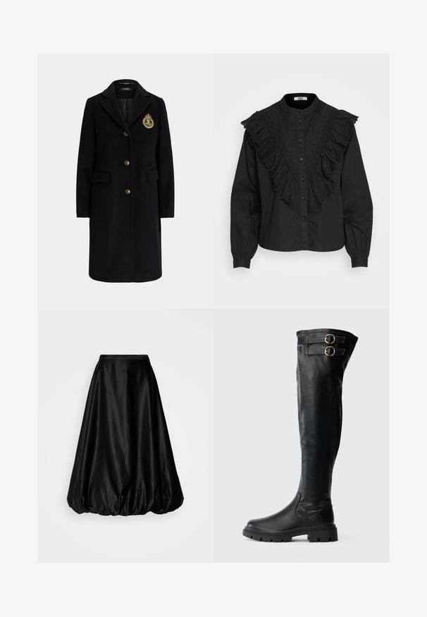 Manteau long en laine noire avec des boutons dorés et un blason brodé en or sur la poitrine gauche, avec un col cranté et des poches avec rabats.; JDY JDYSAGA SHIRT - Chemisier - black; Jupe midi en satin noir avec une forme ballon volumineuse. Texture lisse et taille ajustée, conçue pour une silhouette fluide.; Bottes noires montantes au-dessus du genou en cuir lisse. Elles présentent deux boucles métalliques, une semelle en caoutchouc épaisse et un design élégant.