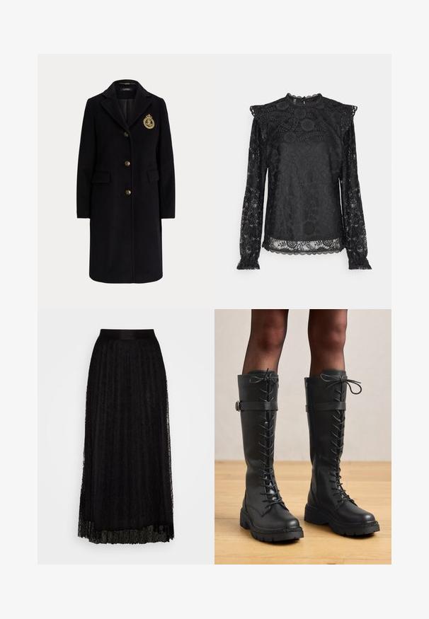 Manteau long en laine noire avec des boutons dorés et un blason brodé en or sur la poitrine gauche, avec un col cranté et des poches avec rabats.; PIECES Tall PCOLLINE - Blouse - black; Jupe maxi noire en dentelle avec un motif texturé, dotée d'une taille lisse et d'un design superposé et fluide.; Bottes montantes en cuir noir, à lacets, avec un design jusqu'au genou, bout rond, semelle épaisse et texturée, et détail décoratif de courroie latérale et quincaillerie.