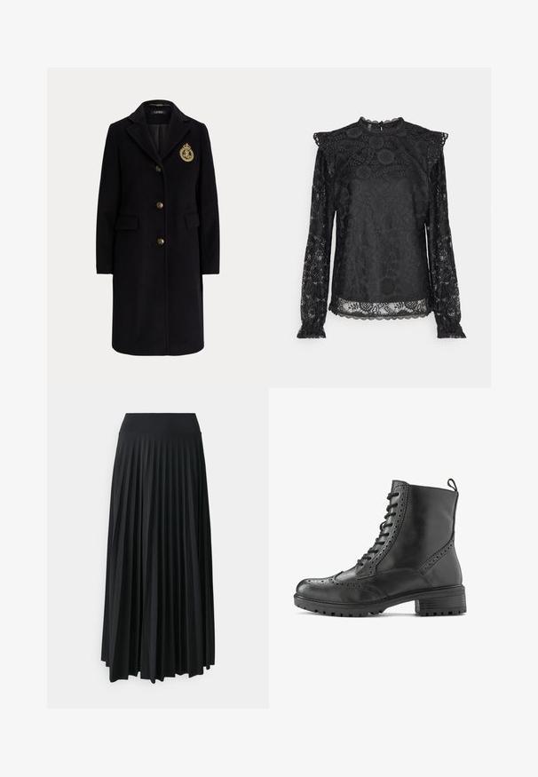 Abrigo largo negro de lana con botones dorados y un escudo bordado en dorado en el pecho izquierdo, con cuello con muesca y bolsillos con solapa.; PIECES Tall PCOLLINE - Blusa - black; Falda maxi negra con pliegues y cinturilla elástica ancha. Fabricada con un tejido suave y fluido, presenta pliegues verticales para añadir textura.; Bota de cuero negro para tobillo con detalles brogue, diseño con cordones, suela resistente y una lengüeta en el talón para facilitar su uso.
