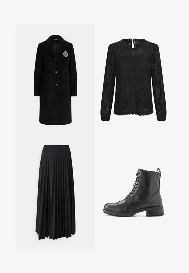 Abrigo largo negro de lana con botones dorados y un escudo bordado en dorado en el pecho izquierdo, con cuello con muesca y bolsillos con solapa.; Blusa de encaje negro de manga larga con escote redondo, dobladillo festoneado y detalle de ojal en la parte trasera. Patrón floral delicado en toda la prenda.; Falda maxi negra con pliegues y cinturilla elástica ancha. Fabricada con un tejido suave y fluido, presenta pliegues verticales para añadir textura.; Bota de cuero negro para tobillo con detalles brogue, diseño con cordones, suela resistente y una lengüeta en el talón para facilitar su uso.
