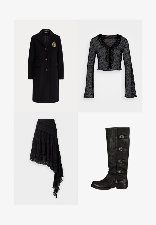 Sort lang uldfrakke med guldknapper og et guldbroderet våbenskjold på venstre bryst, med en hakket krave og klaplommer.; ONLY ONLJESSICA FRILL - Langærmet T-shirt - black; Sort asymmetrisk nederdel med teksturerede plisseringer, lagdelte flæser og en smocket talje. Letvægtsstof med en gennemsigtig finish.; Sorte læder knæhøje støvler med struktureret overflade, tætsiddende design og fem justerbare spænder langs siden. Flad sål.