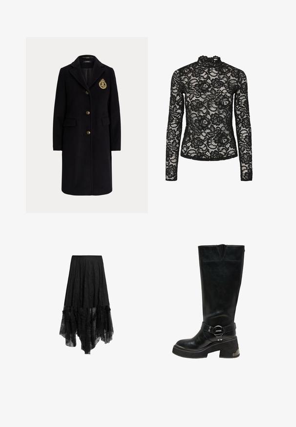 Manteau long en laine noire avec des boutons dorés et un blason brodé en or sur la poitrine gauche, avec un col cranté et des poches avec rabats.; Haut en dentelle noire à manches longues avec col haut agrémenté d'une bordure à volants, motifs floraux et texture transparente. Conçu pour un ajustement près du corps.; Jupe noire asymétrique avec superposition de dentelle transparente et ourlet à volants, équipée d'une ceinture ajustée et de détails texturés sur le tissu.; Botte en cuir noire montante jusqu'au genou avec talon bloc épais, détail d'anneau argenté sur la sangle de cheville et accent métallique sur le côté du talon.