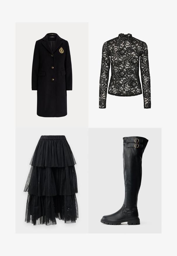 Abrigo largo negro de lana con botones dorados y un escudo bordado en dorado en el pecho izquierdo, con cuello con muesca y bolsillos con solapa.; Top de encaje negro de manga larga con cuello alto y ribete con volantes, patrones florales y una textura transparente. Diseñado para un ajuste ceñido.; Falda de tul negro en capas con cinturilla elástica y un diseño en cascada con longitudes variables y sutiles toques de purpurina.; Botas negras por encima de la rodilla hechas de cuero liso. Cuentan con dos hebillas metálicas, suela gruesa de goma y un diseño elegante.