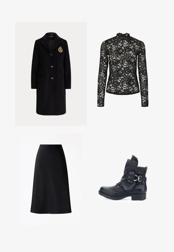 Manteau long en laine noire avec des boutons dorés et un blason brodé en or sur la poitrine gauche, avec un col cranté et des poches avec rabats.; Haut en dentelle noire à manches longues avec col haut agrémenté d'une bordure à volants, motifs floraux et texture transparente. Conçu pour un ajustement près du corps.; Jupe noire trapèze en tissu lisse et doux. Caractérisée par une taille haute et un ourlet arrivant au genou. Design simple sans motifs ni accents visibles.; Bottine noire en cuir avec un revers replié, un laçage à l'avant et une sangle latérale dotée d'une boucle en métal et d'œillets. Finition texturée.